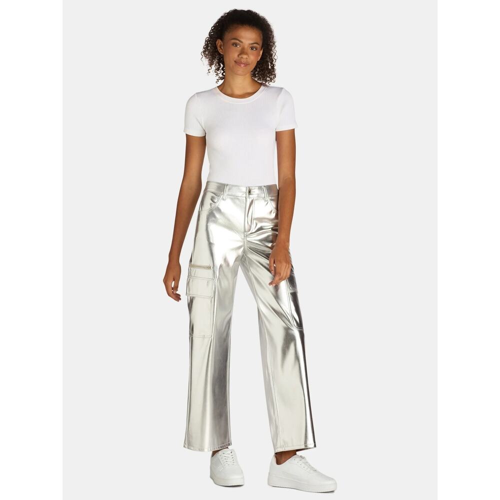 No Boundaries High Rise Flare Silver Metallic Faux Leather Cargo Pants